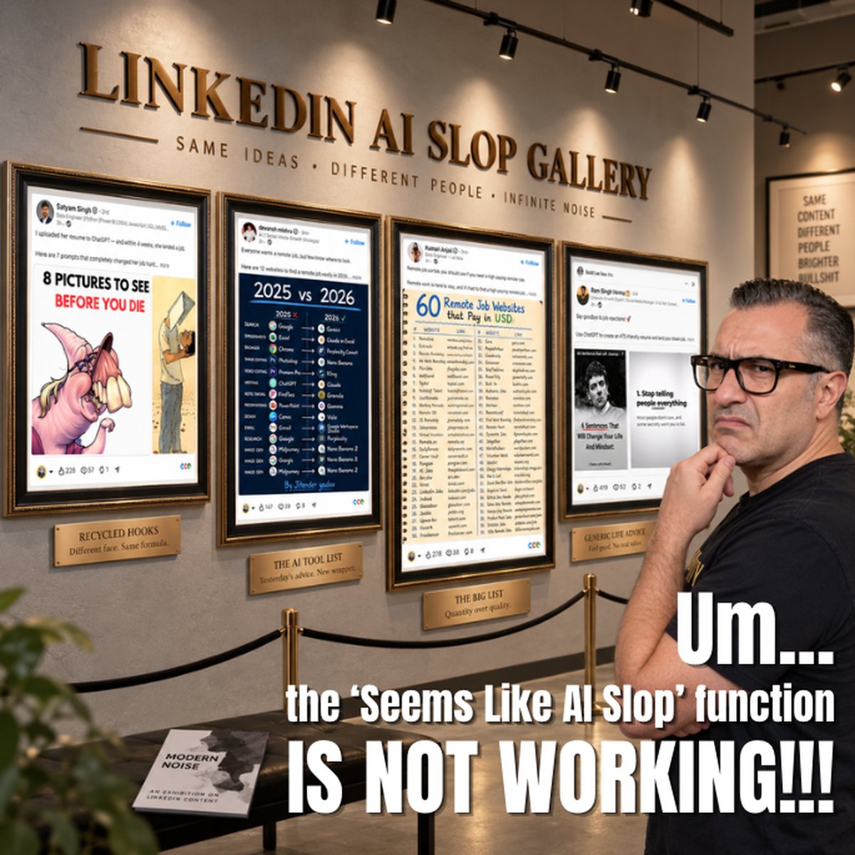 Trevor Churchley looking unimpressed in front of a gallery of framed LinkedIn posts titled LinkedIn AI Slop Gallery, with the words: Um... the Seems Like AI Slop function IS NOT WORKING!!!