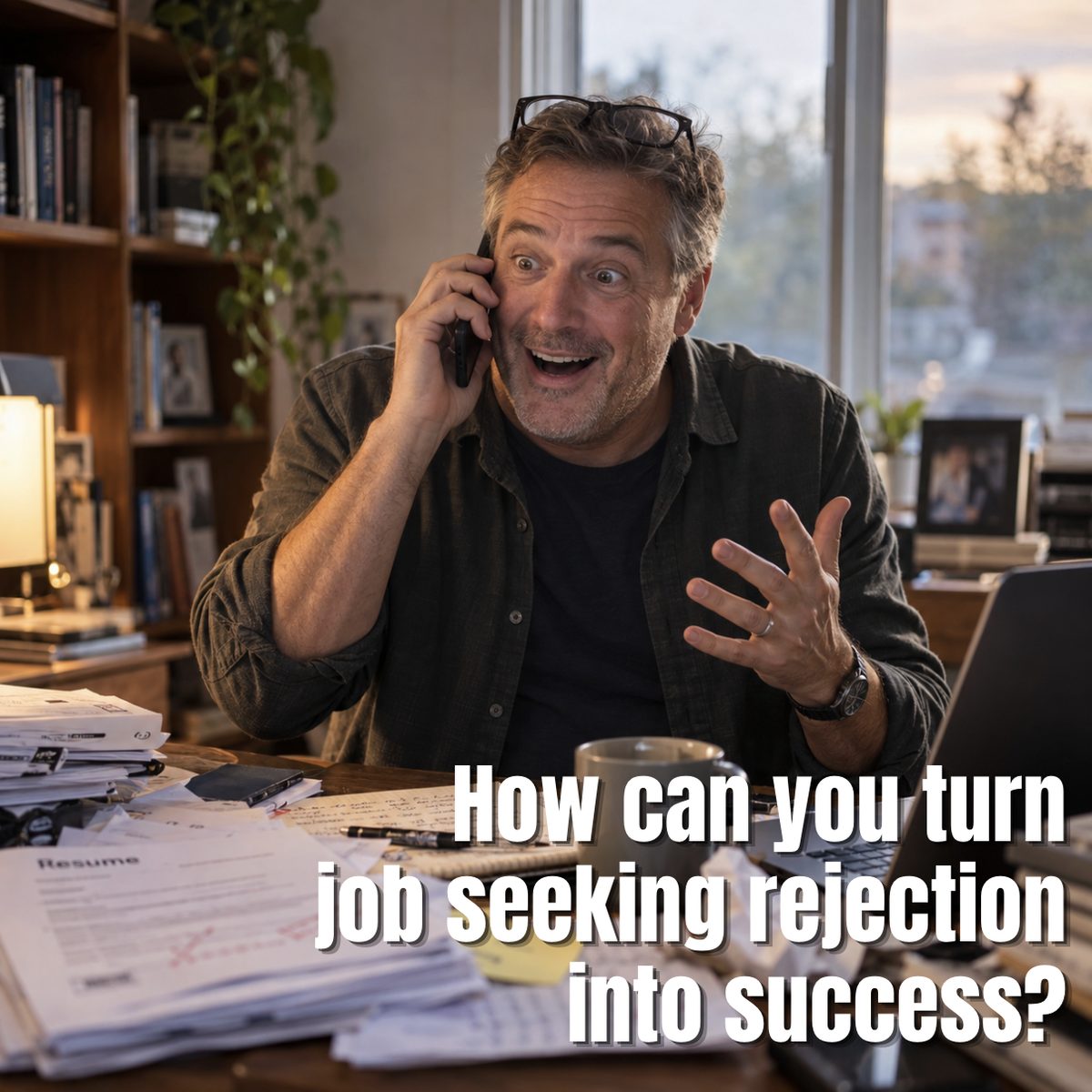 A job seeker on the phone at a cluttered desk, looking delighted, with the words: How can you turn job seeking rejection into success?