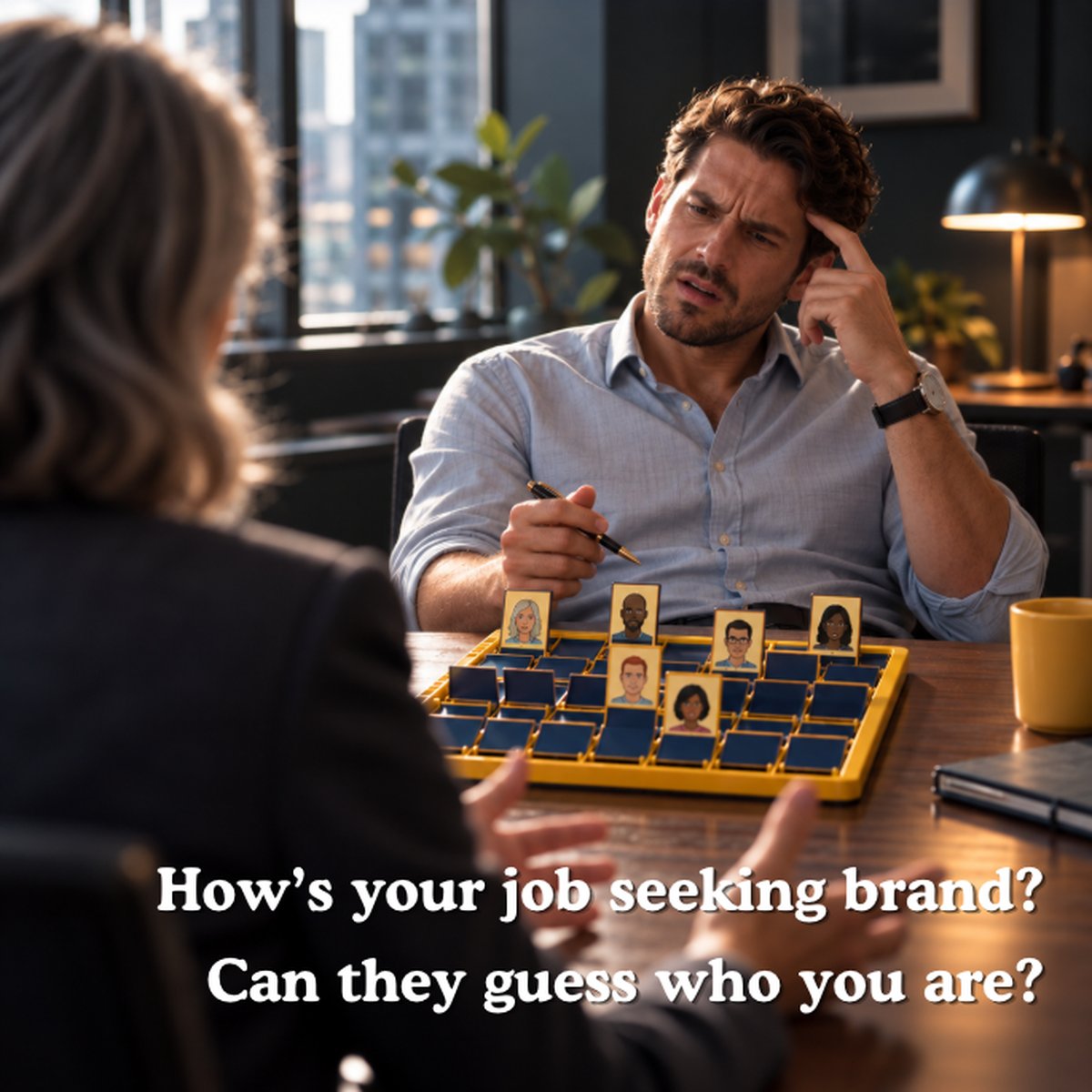 A puzzled job seeker sits across from an interviewer at a Guess Who? style board of faces, with the words: How's your job seeking brand? Can they guess who you are?