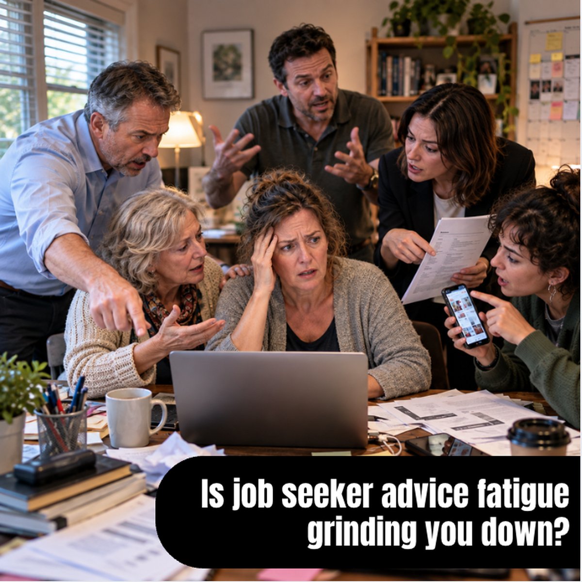 A stressed job seeker at her laptop surrounded by people all giving her advice, with the words: Is job seeker advice fatigue grinding you down?