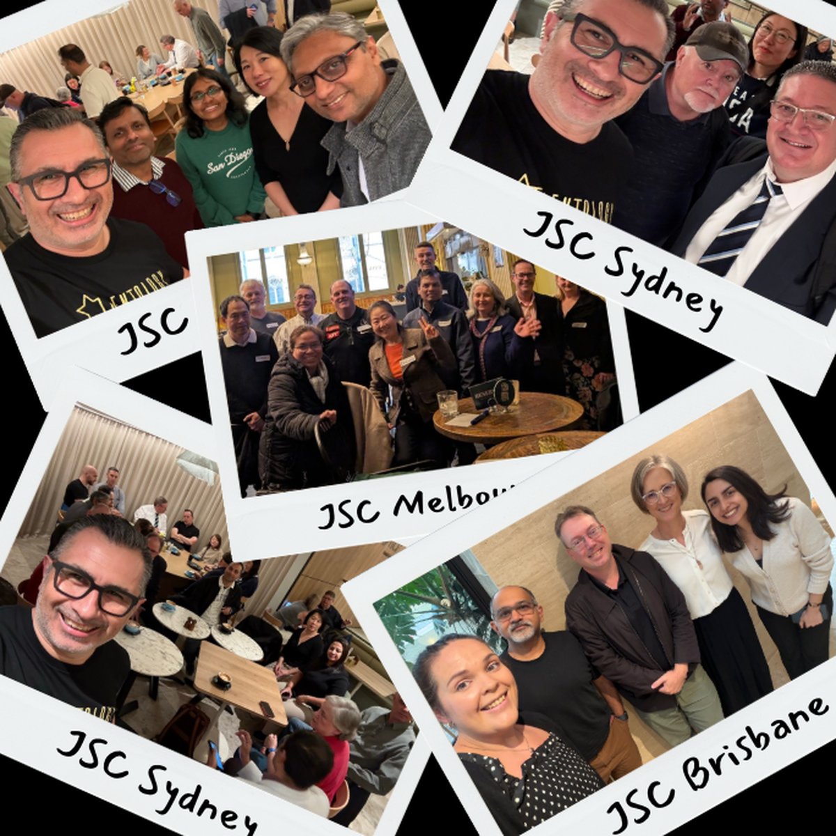 Five instant-photo style snaps of Trevor Churchley with job seekers and recruiters at the in-person Job Seeker Cafes, with the words: JSC, JSC Sydney, JSC Melbourne, JSC Sydney, JSC Brisbane
