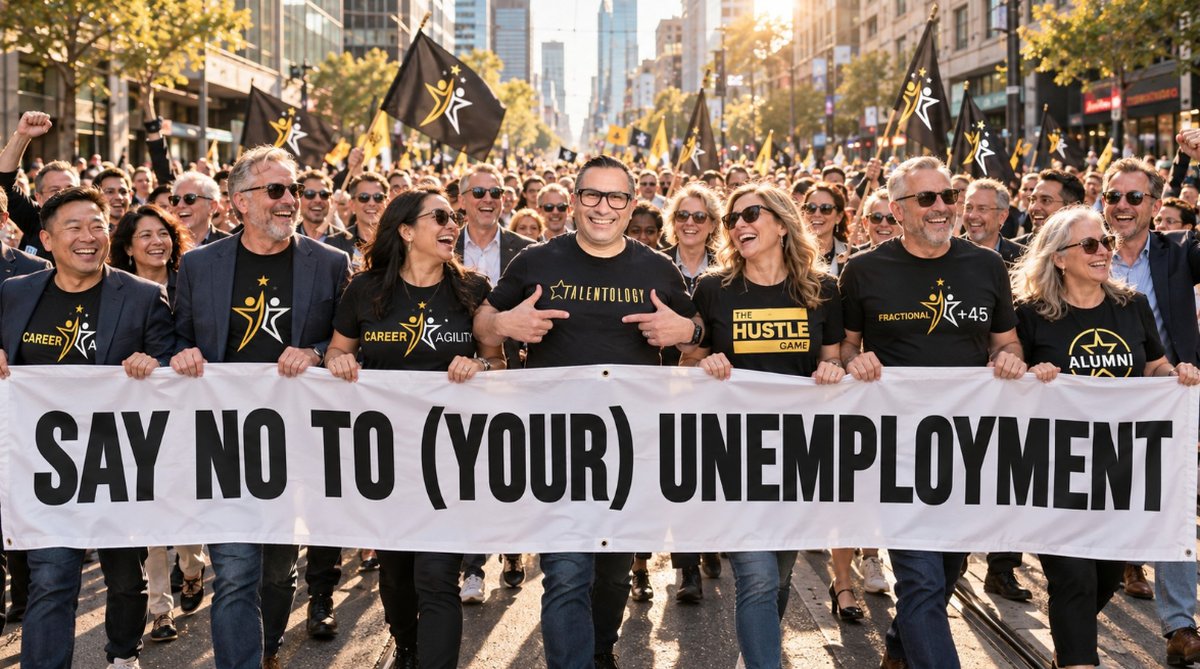 Trevor Churchley leads a march of smiling job seekers in Talentology, CareerAGILITY, The Hustle Game and Fractional+45 t-shirts down a city street, carrying a banner with the words: Say no to (your) unemployment