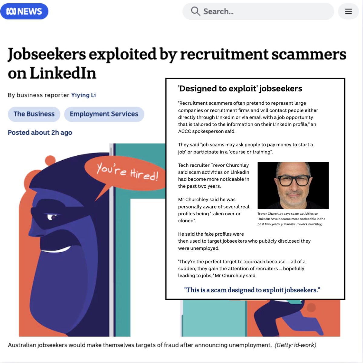 ABC News article, Jobseekers exploited by recruitment scammers on LinkedIn, with a panel quoting Trevor Churchley and his photo, and the quote: This is a scam designed to exploit jobseekers.
