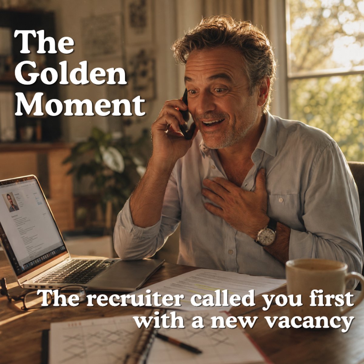 A delighted job seeker on the phone at his desk, with the words: The Golden Moment. The recruiter called you first with a new vacancy