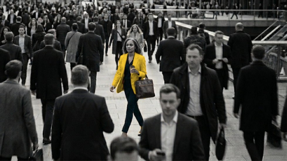 A professional in a yellow jacket stands out in a crowd of commuters dressed in grey